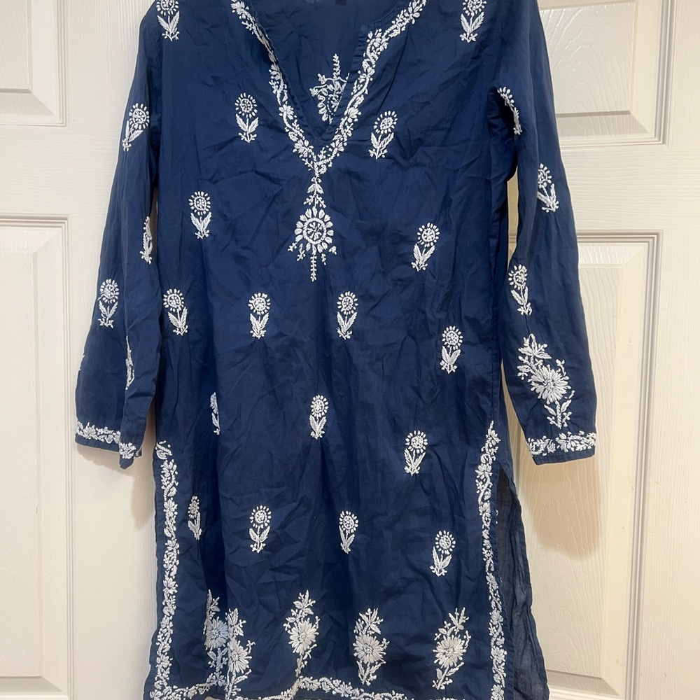 SEVYA 100% Cotton Blue Hand Embroidered 3/4 Sleeve Tunic Dress Beach Cover M - Picture 3 of 11